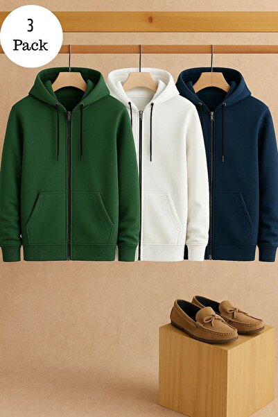 DAMGA JEANS Men's Casual Zippered Hooded 3-Piece Sweatshirt