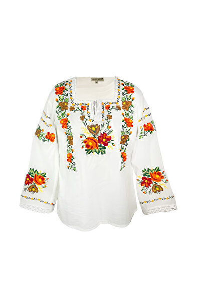 Inovius Bluza Alba cu Motiv Floral Multicolor - BMG109 XXL