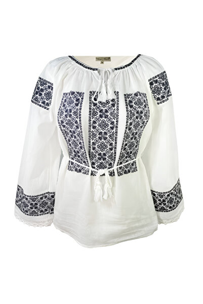 Inovius Bluza Tip Ie Alba cu Motiv Geometric Negru - BMG84 XXL