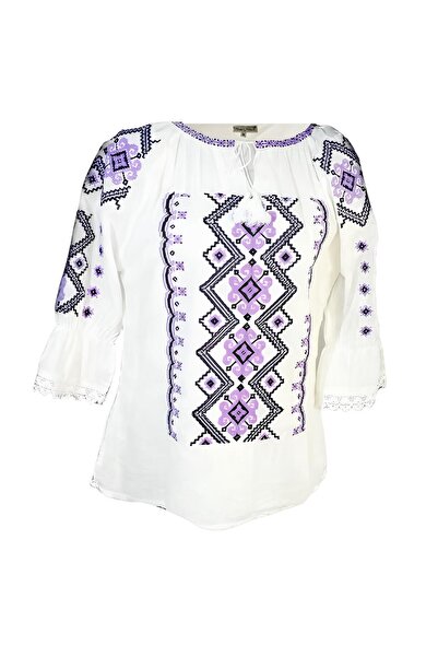 Inovius Ie Traditionala Alba cu Motiv Geometric Mov de Dama - IMS14 XL