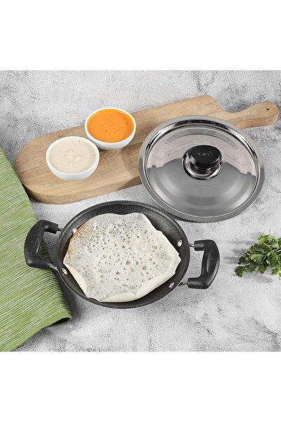 Vinod Apam Non-Stick Pan with Stainless Steel Lid, 215 mm, Black, Aluminum