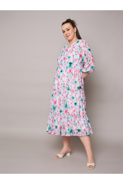 Sassafras By Styli Plus Size Floral Print Wrap Midi Dress