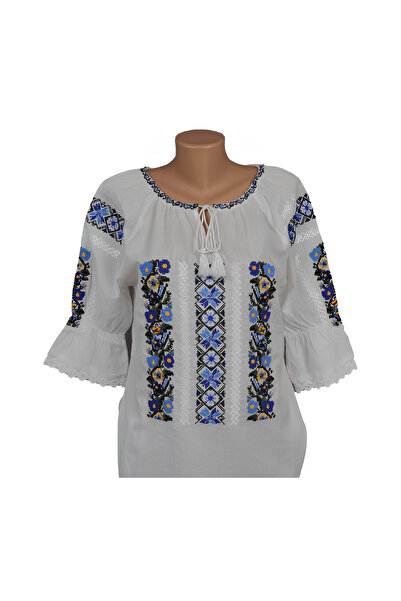 Inovius Bluza Tip Ie Traditionala Alba cu Motiv Floral Albastru de Dama - IMS...