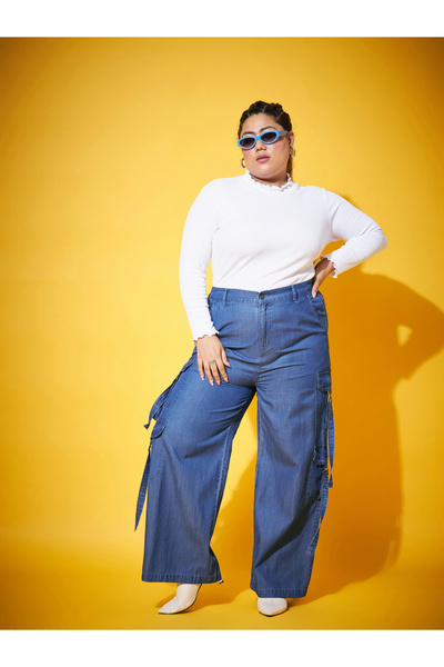 Sassafras By Styli Plus Size Blue Cargo Trousers