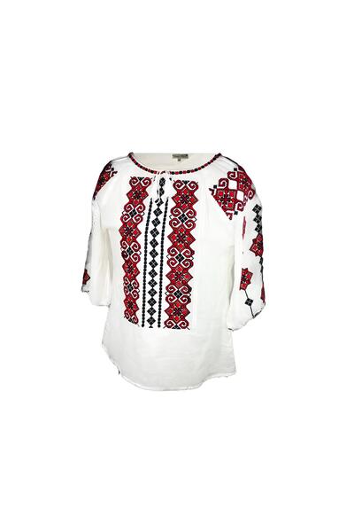 Inovius Bluza Tip Ie Traditionala Alba cu Motiv Geometric Rosu de Dama - IMS1...