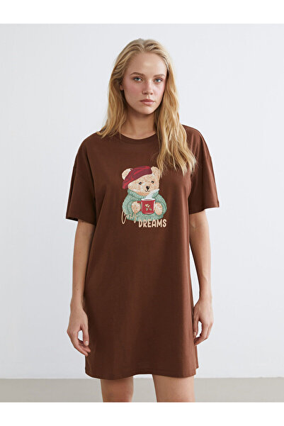 LC Waikiki Vizyon New Season Crew Neck Bear Printed Women's Nightgown