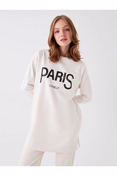 LC Waikiki Lcwaikiki Basic Ecru Crew Neck Printed Long Sleeve Oversized Women's Sweatshirt Tunic