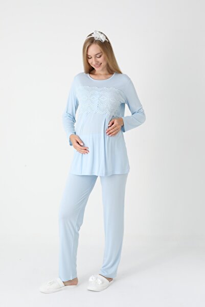 BLACKMORE Women's Blue Special Lace Design Cotton Winter Maternity Pajama Set with Dressing Gown 3' Pajama Set