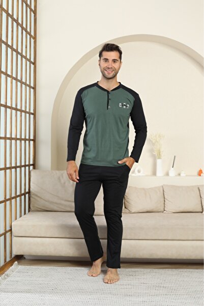 LİLA İÇ GİYİM Men's Combed Cotton Pocketed Pajama Set - Green