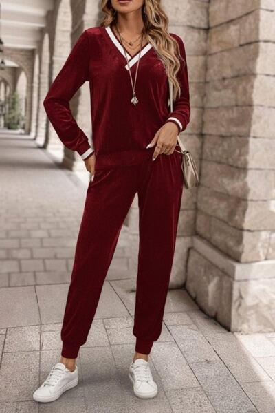 Mossta V-Neck Long Sleeve Velvet Blouse Pants Two-Piece Set - Red