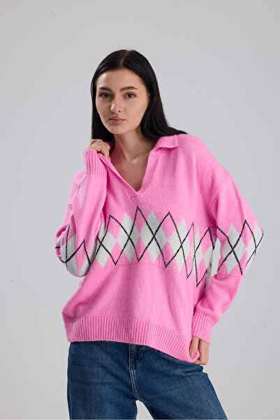 Figo Baklava Patterned Shirt Collar Women's Sweater