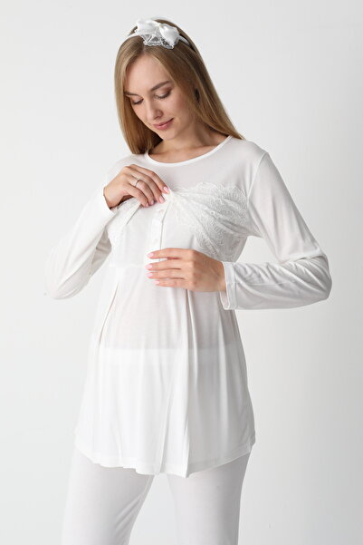 BLACKMORE Women's Ecru Special Lace Design Cotton Winter Maternity Pajama Set with Dressing Gown 3' Pajama Set