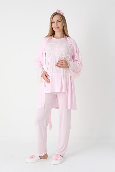 BLACKMORE Women's Powder Special Lace Design Cotton Winter Maternity Pajamas Set with Dressing Gown 3' Pajama Set