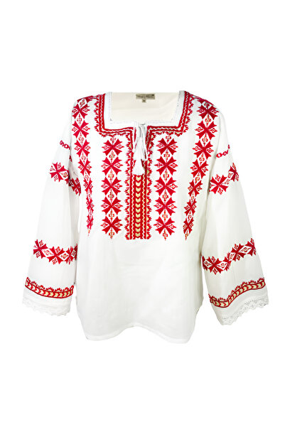 Inovius Bluza Alba cu Motiv Geometric Rosu - BMG108 XL