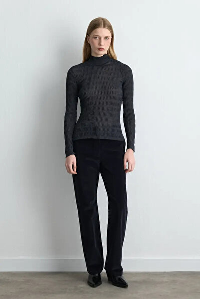 Gusto Mock Neck Pack Seersucker Knitwear Blouse - Navy Blue