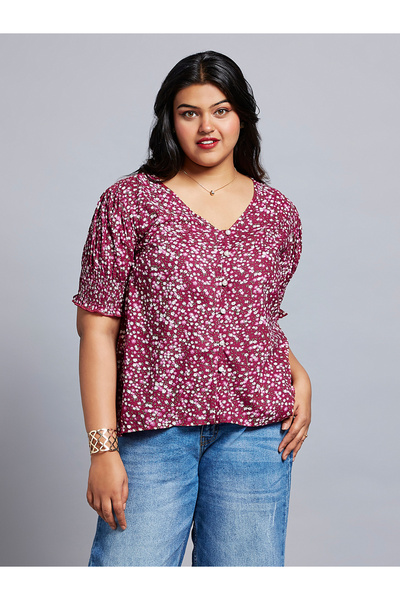 Globus By Styli Plus Size Floral Print Puff Sleeve Top