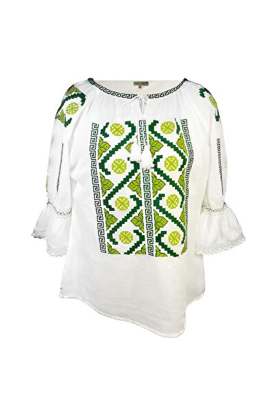 Inovius Bluza Tip Ie Traditionala Alba cu Motiv Geometric Verde de Dama - IMS...