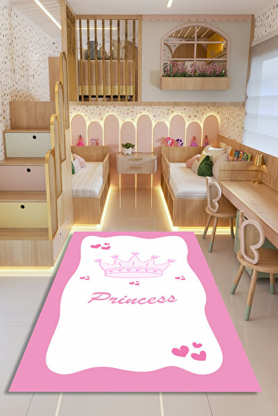 Kessy Home Studio Loppi Princess Kız Bebek Halısı Pembe Taç Desenli Kaymaz Ta...