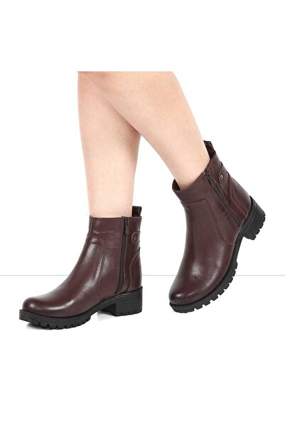 Celal Gültekin Kadın Kahverengi Çift Fermuarlı Kalın Topuklu Deri Bot