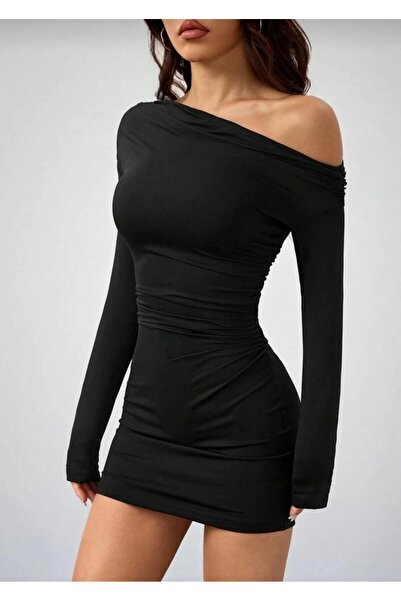 MEGOMEL Guler asimetric detaliu încrețit cu mânecă lungă material elastic rochie mini (vara și iarnă)