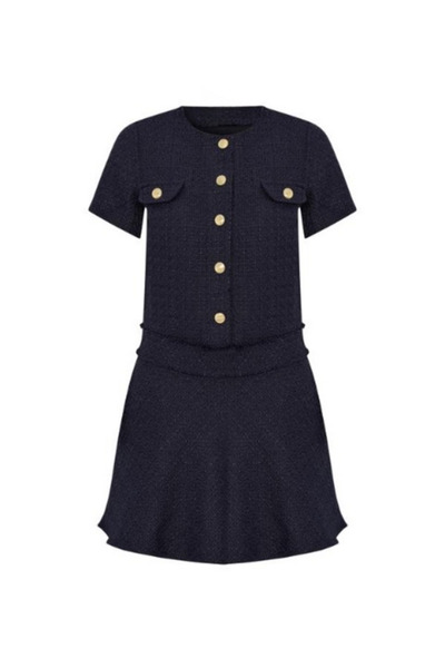 Eight Fashion Women's Navy Blue Tweed Button Detailed Dress