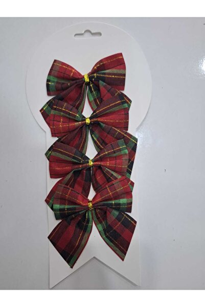 Astaş Christmas Red Green Plaid Fabric Bow 8cm Set of 4