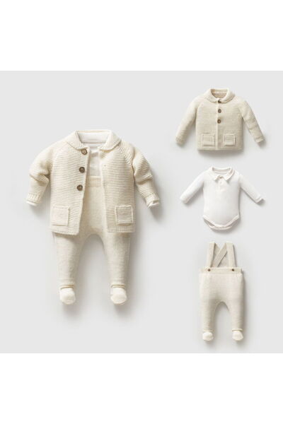 Nipperland 8363N Bebek Triko Örgülü Hırkalı 3'lü Naturel Yün Salopet Takım