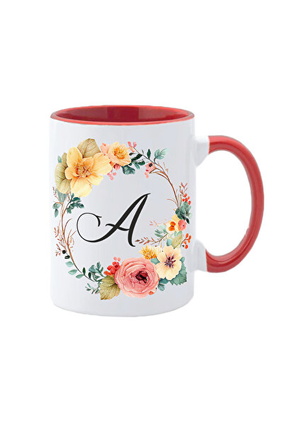 AFFIX THE DIFFERENT PERSPECTIVE Personalized white mug with the initial of the name inside and red handle Flower-Alphabet Collection letter A