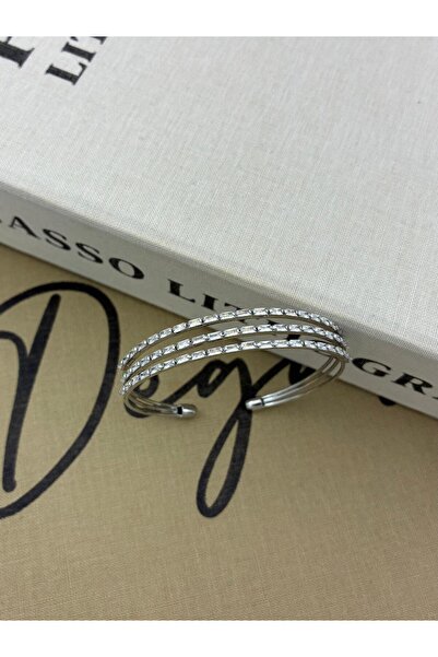 Hedef Bijuteri Silver Color Adjustable Three Rows Rectangle Zircon Stone Bracelet