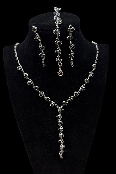 HUBANN Siyah Taşlı 3’ lü Y Kolye Set Kolye Küpe Bileklik Seti Hediye Seti Abi...