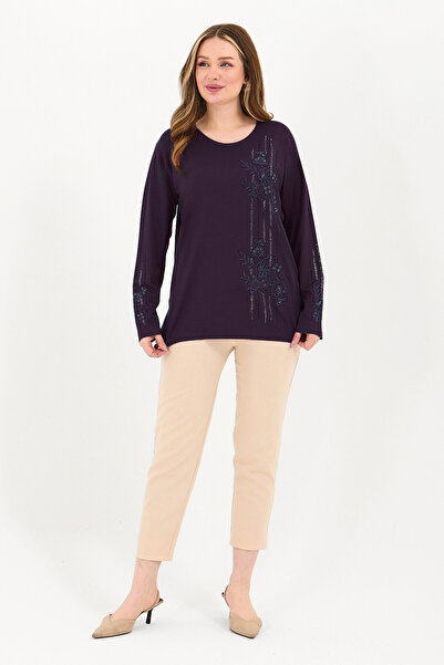 Ravencia Women's Winter Mid-Age and Above Viscose Stripe Pattern Stonework Embroidered Stretch Fabric Mother Combed Cotton Blouse