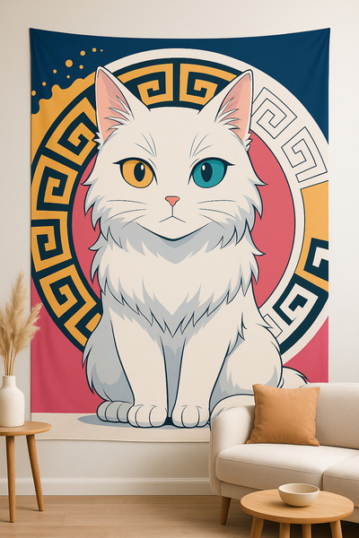 LUNA DİZAYN Ankara Kedisi Duvar Örtüsü Ev Dekorasyon Duvar Halısı Tapestry