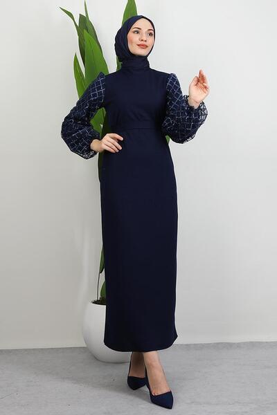 GİYZAMİLA Square Sleeve Pattern Dress Navy Blue