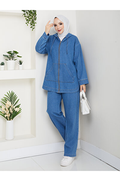 Pamuk Butik Women's Casual Denim Two-Piece Set with Pants