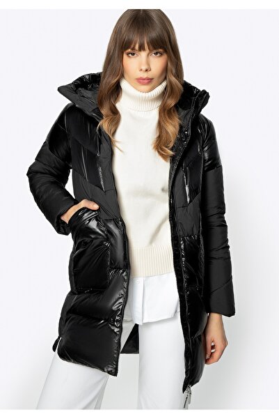 Wittchen Palton de damă din puf, din materiale combinate, cu glugă, nailon negru