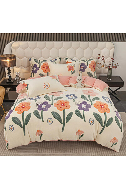 FIONNA.RO Lenjerie De Pat Cocolino 4 Piese Cu Elastic - Crem Cu Floricele