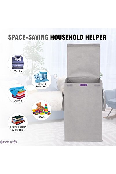 PrettyKrafts Foldable Laundry Basket for Clothes with Lid and Handle, Toy Organizer, 75 L, Gray