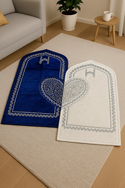 Bonny Home Μπλε κρεμ βελούδινο χαλί προσευχής με κέντημα διπλής καρδιάς, 2 τεμάχια, με σφουγγάρι, πακέτο προσευχής για ζευγάρια