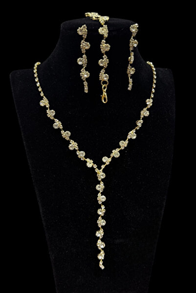 HUBANN Altın Renk Taşlı 3’ lü Y Kolye Set Kolye Küpe Bileklik Seti Hediye Set...