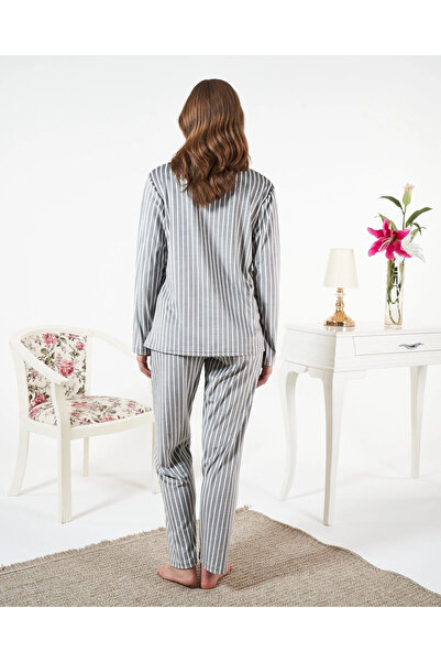 Estiva 25360 Shirt Collar Striped Velvet Pajama Set