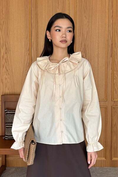 Ceylan Otantik Cream Peter Pan collar Bow Tie Shirt