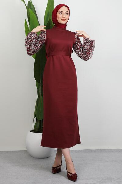 GİYZAMİLA Stripe Sleeve Pattern Dress Burgundy