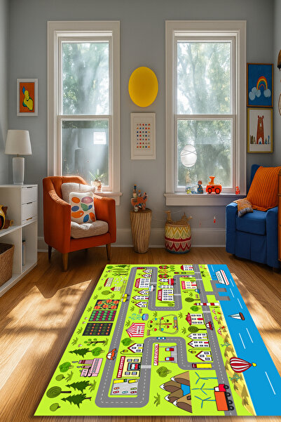 Kessy Home Studio Pixie Erkek Çocuk Halısı Su Yeşili Renkli Yol Hayvan Desenl...
