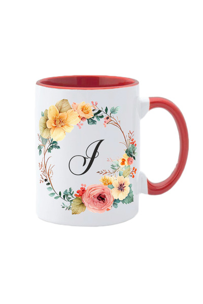 AFFIX THE DIFFERENT PERSPECTIVE Personalized white mug with the initial of the name inside and red handle Flower-Alphabet Collection letter I