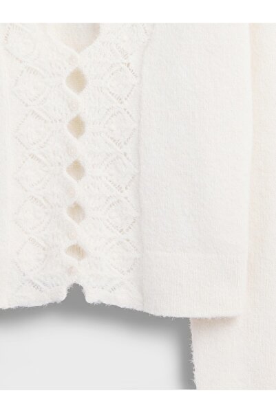 GAP Kadın Beyaz Fuzzy Pointelle Dantel Kenarlı Crop Hırka