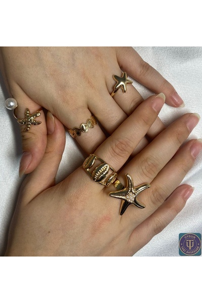 uyguntakıaksesuar مجموعة من 5 خواتم ذات طابع نجم البحر باللون الذهبي الوردي -...
