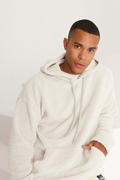 AC&Co / Altınyıldız Classics Beigefarbenes Oversize-Sweatshirt mit Kapuze und Sherpa-Fleece-Futter