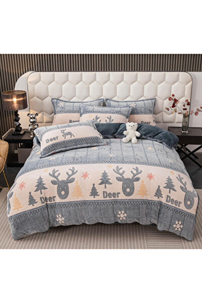 FIONNA.RO Lenjerie De Pat Cocolino 4 Piese Cu Elastic Model Craciun - Reni Si...