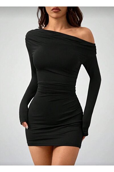 MEGOMEL Guler asimetric detaliu încrețit cu mânecă lungă material elastic rochie mini (vara și iarnă)