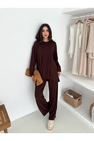 FEWTİNT Crew Neck, Long Sleeves, Tunic with Side Slit Detail. Elastic Waist Long Pants.